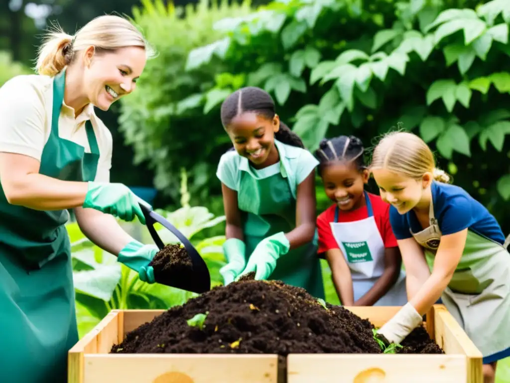 Un grupo de niños disfruta aprendiendo sobre el compostaje en un jardín