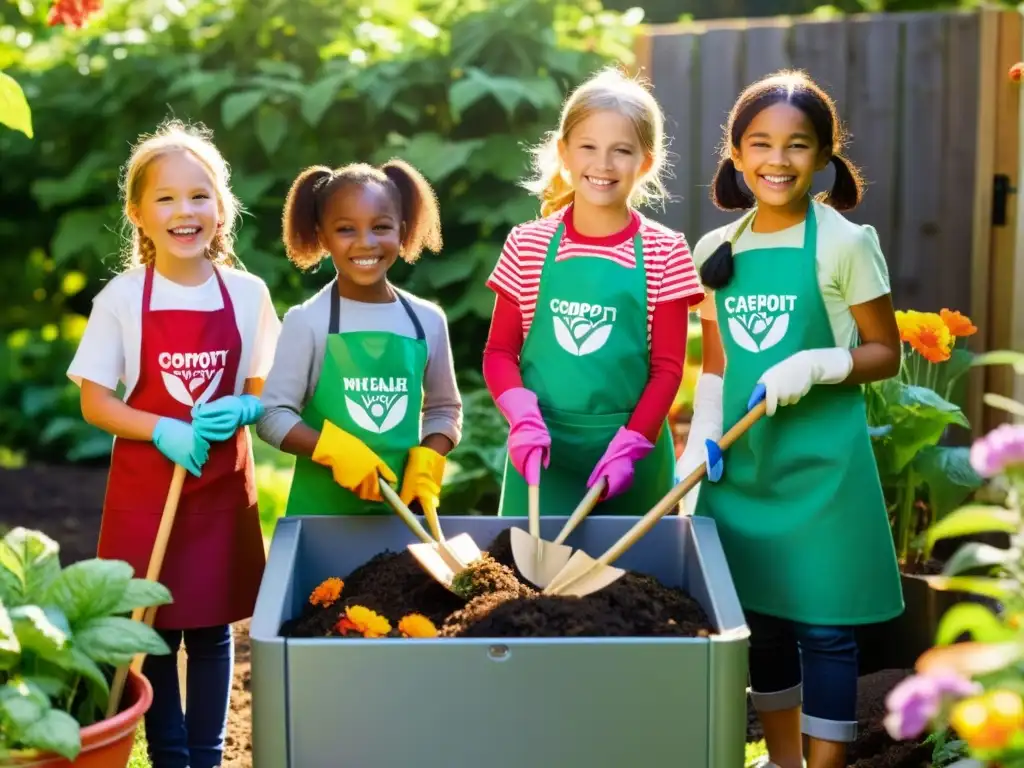 Un grupo de niños, con delantales y guantes coloridos, añaden restos de comida y desechos del jardín a un compostador, mientras conversan y sonríen