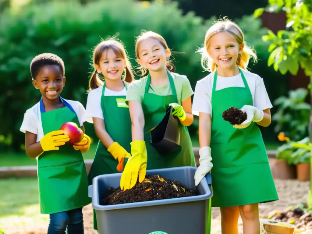 Un grupo de niños deposita desechos orgánicos en un compostador en un jardín soleado