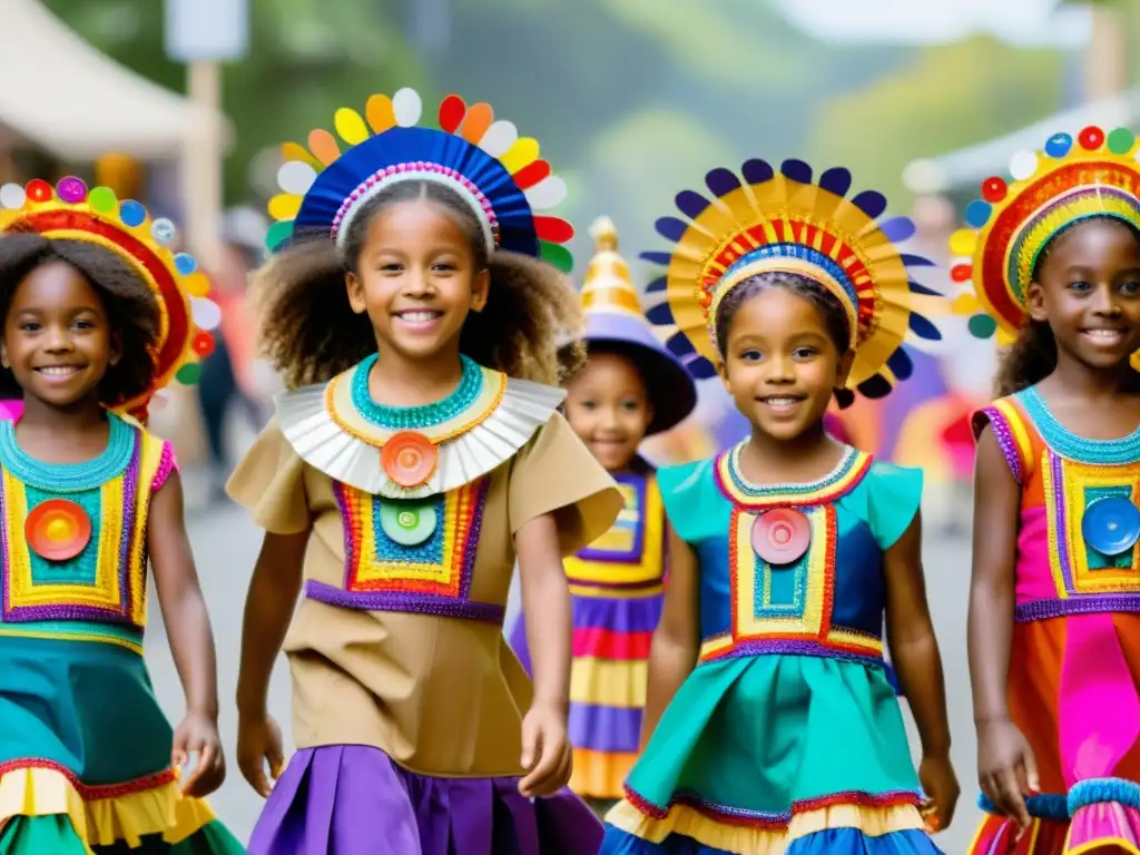 Grupo de niños desfilando con disfraces reciclados para niños, llenos de color y creatividad, hechos con materiales reutilizados