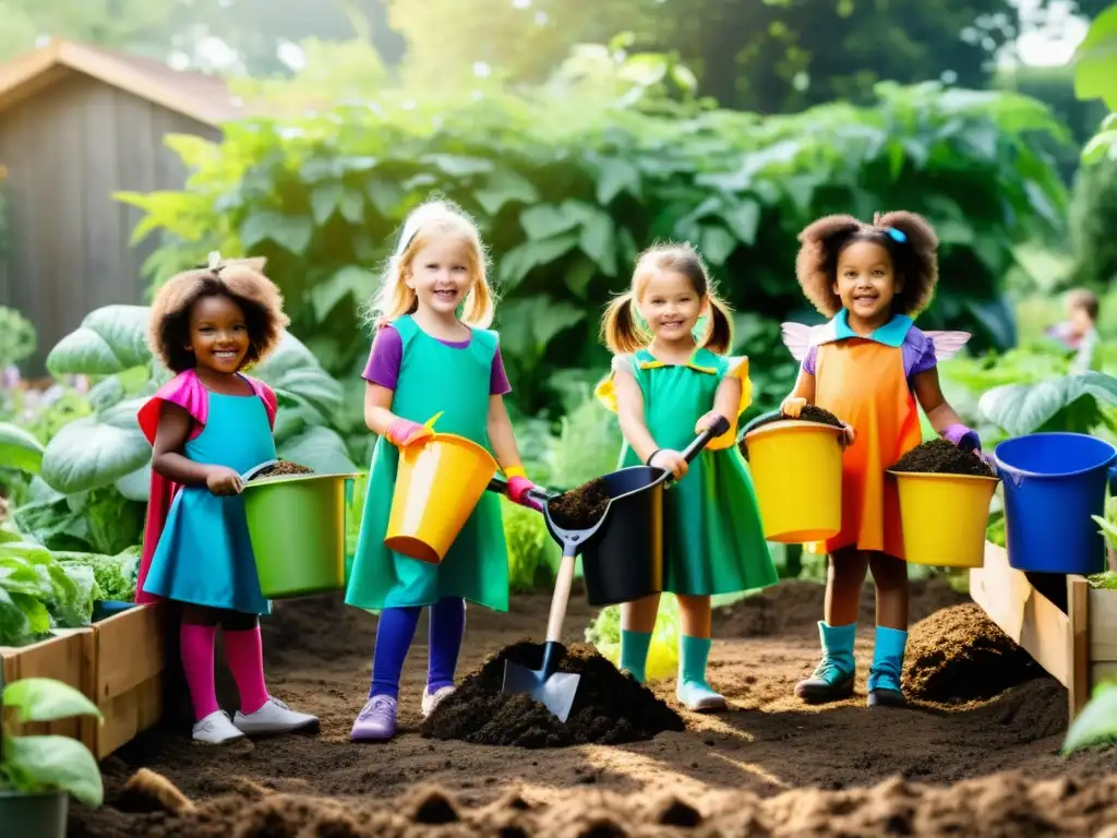 Un grupo de niños disfrazados de superhéroes compostando en un jardín, rodeados de naturaleza