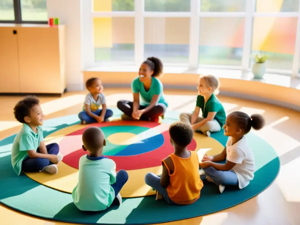 Un grupo de niños diversos en un aula luminosa discuten sobre reciclaje con su maestra