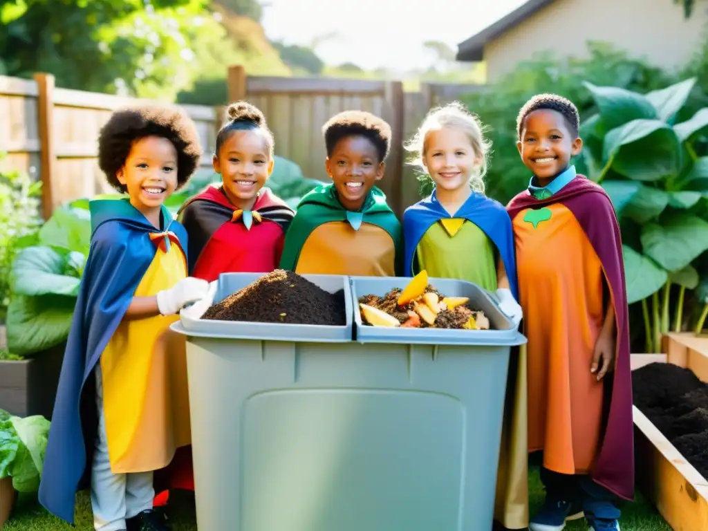 Grupo de niños diversos en un jardín exuberante, compostando juntos y sonriendo