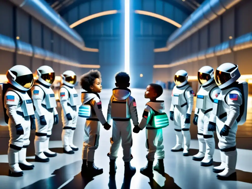 Niños del futuro reciclando en el espacio Un grupo de niños diversos en trajes espaciales se toman de las manos frente a una impresionante instalación de reciclaje en el espacio