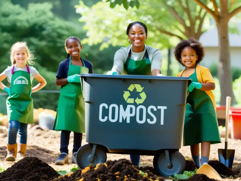 Grupo de niños ecologistas sonrientes, trabajando juntos en la compostera al aire libre