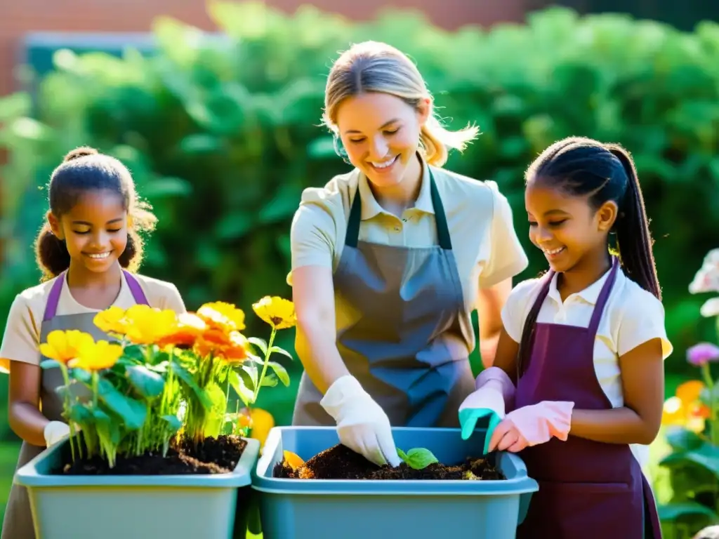 Un grupo de niños de diferentes edades, con delantales y guantes, añaden restos de comida a un compostaje en el jardín de la escuela