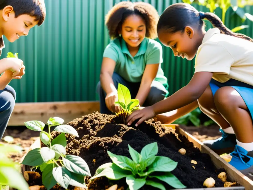 Grupo de niños de diversas edades y etnias trabajando juntos en un jardín escolar, cuidando una pila de compost