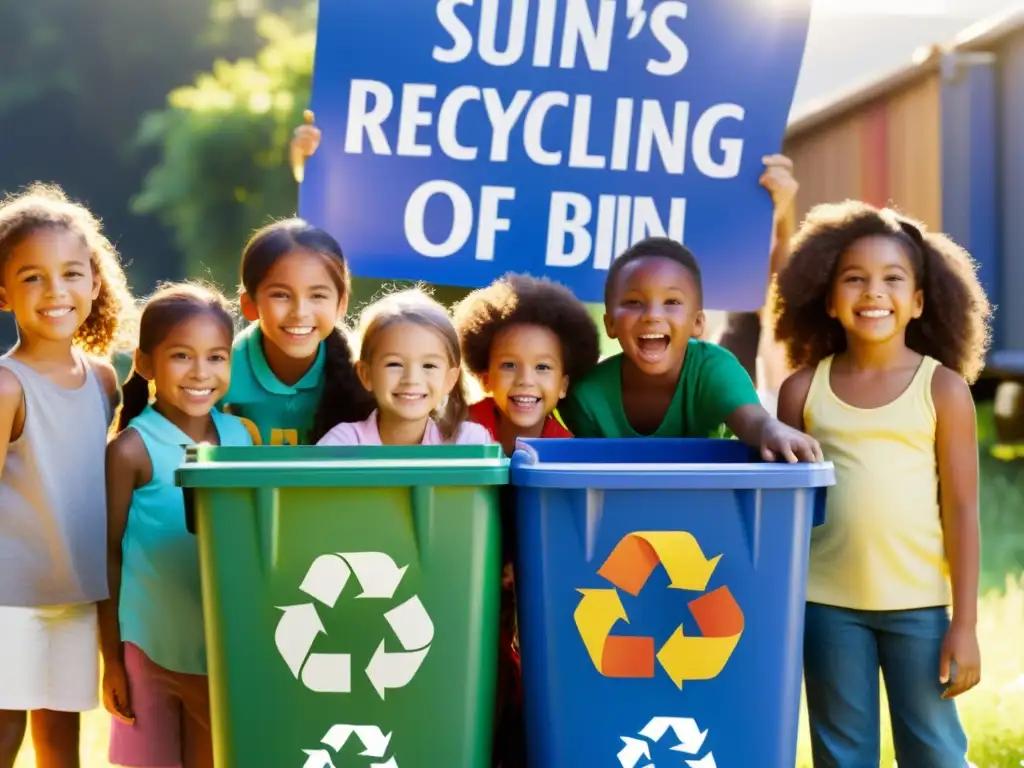 Un grupo de niños de diferentes edades rodea un gran contenedor de reciclaje, sosteniendo diversos artículos para reciclar