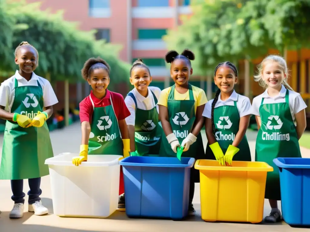 Un grupo de niños de diferentes edades y razas, vistiendo delantales y guantes coloridos, separando materiales reciclables en la escuela