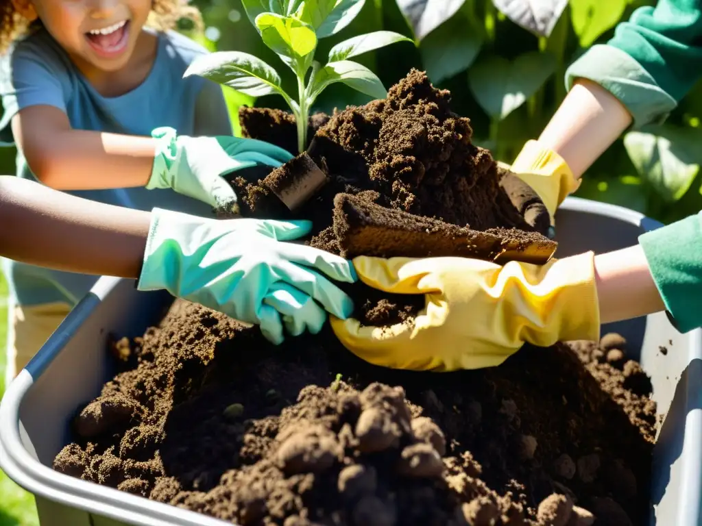 Un grupo de niños entusiasmados trabajando en un montón de compost en un patio trasero, rodeados de plantas exuberantes y flores