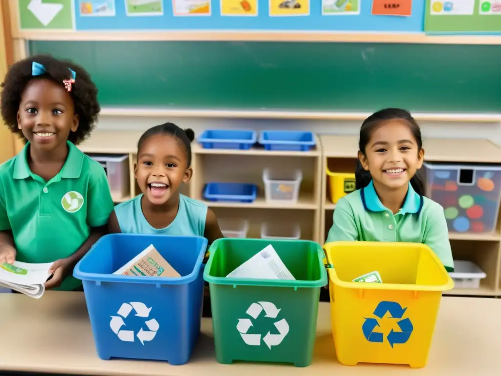 Grupo de niños participando entusiastas en una actividad de reciclaje en clase