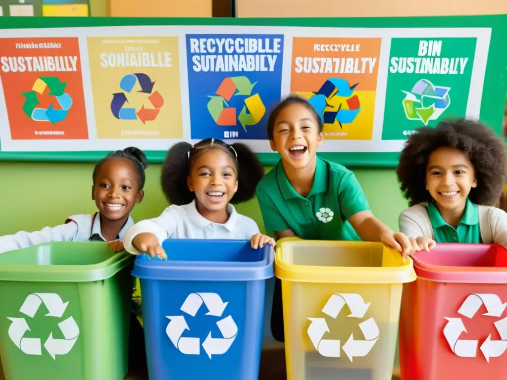 Grupo de niños entusiastas participando en el evento escolar Día del Reciclaje, clasificando materiales reciclables con alegría y determinación, rodeados de carteles coloridos promoviendo la sostenibilidad