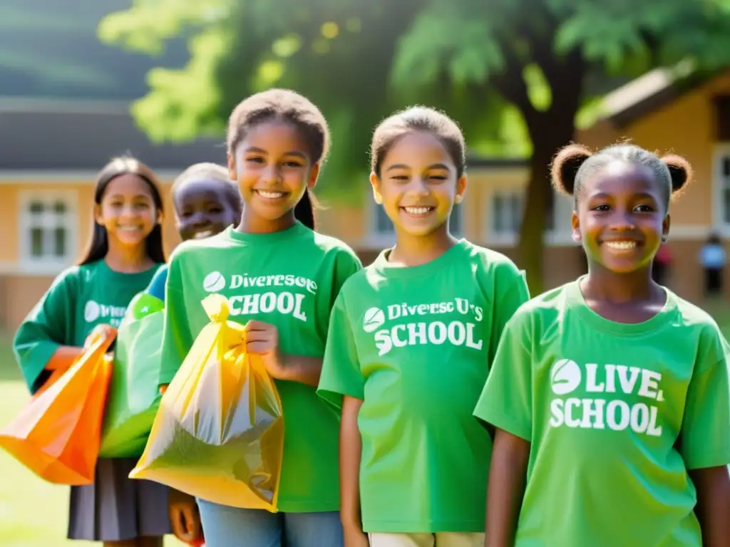 Grupo de niños escolares con camisetas verdes recogiendo residuos, mostrando concienciación ambiental