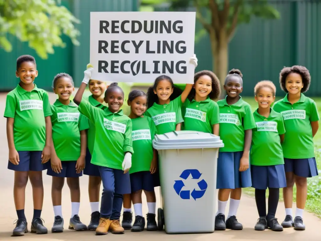 Grupo de niños escolares con camisetas verdes y guantes, sosteniendo carteles sobre reciclaje frente a un contenedor