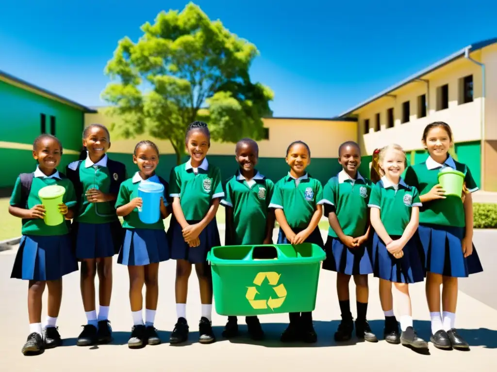 Grupo de niños escolares participando en campaña de reciclaje, promoviendo la concienciación ambiental