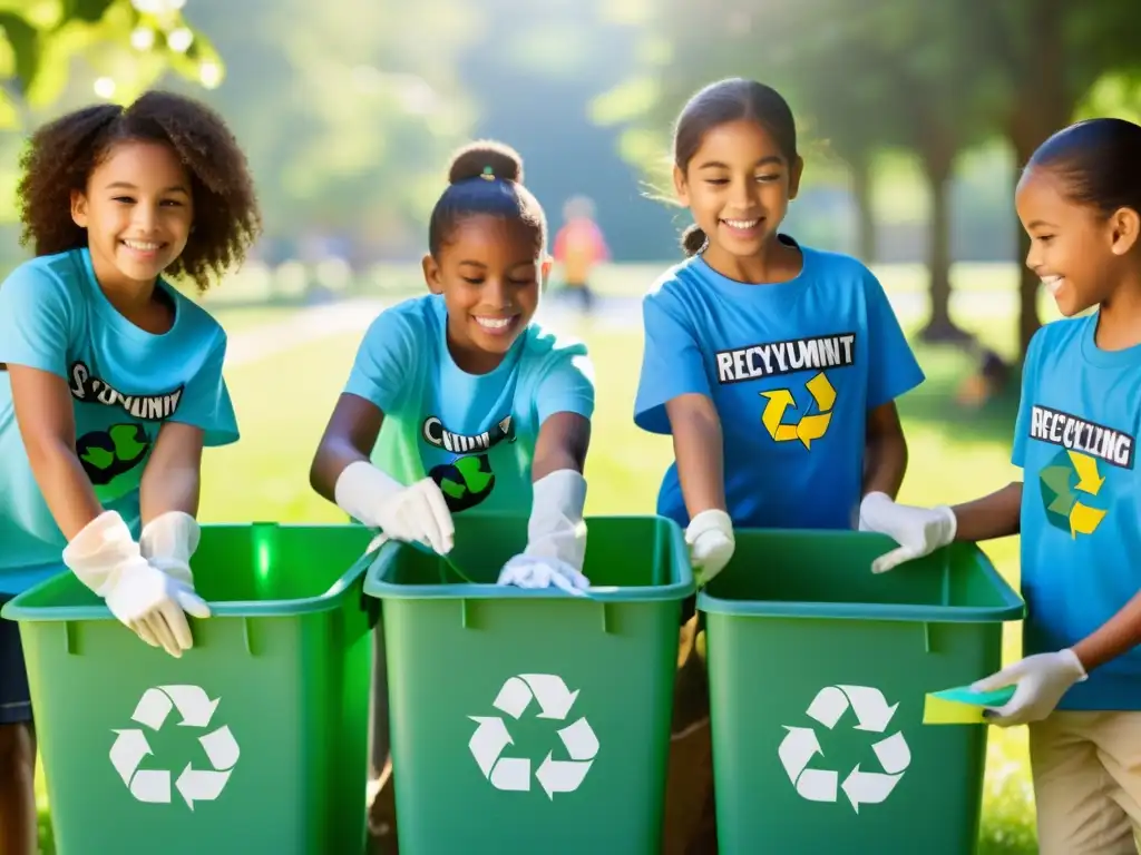 Grupo de niños escolares participando en un evento del día del reciclaje, clasificando materiales en coloridos contenedores bajo el sol y rodeados de naturaleza