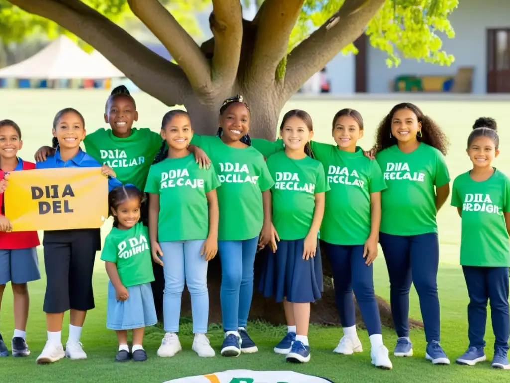 Grupo de niños escolares celebrando exitoso evento escolar Día del Reciclaje con proyectos de arte reciclado