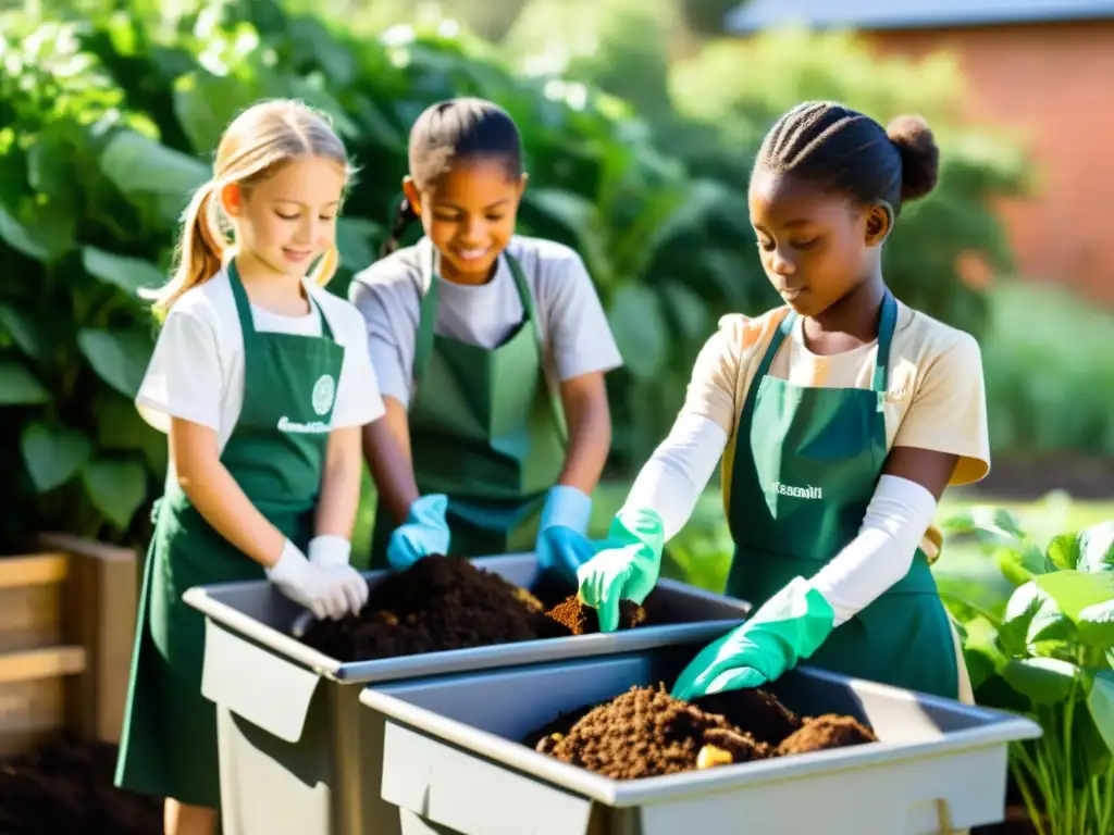 Grupo de niños escolares trabajando juntos para reciclar residuos orgánicos en el hogar, mezclando compost en un gran contenedor bajo la luz del sol, rodeados de exuberante vegetación