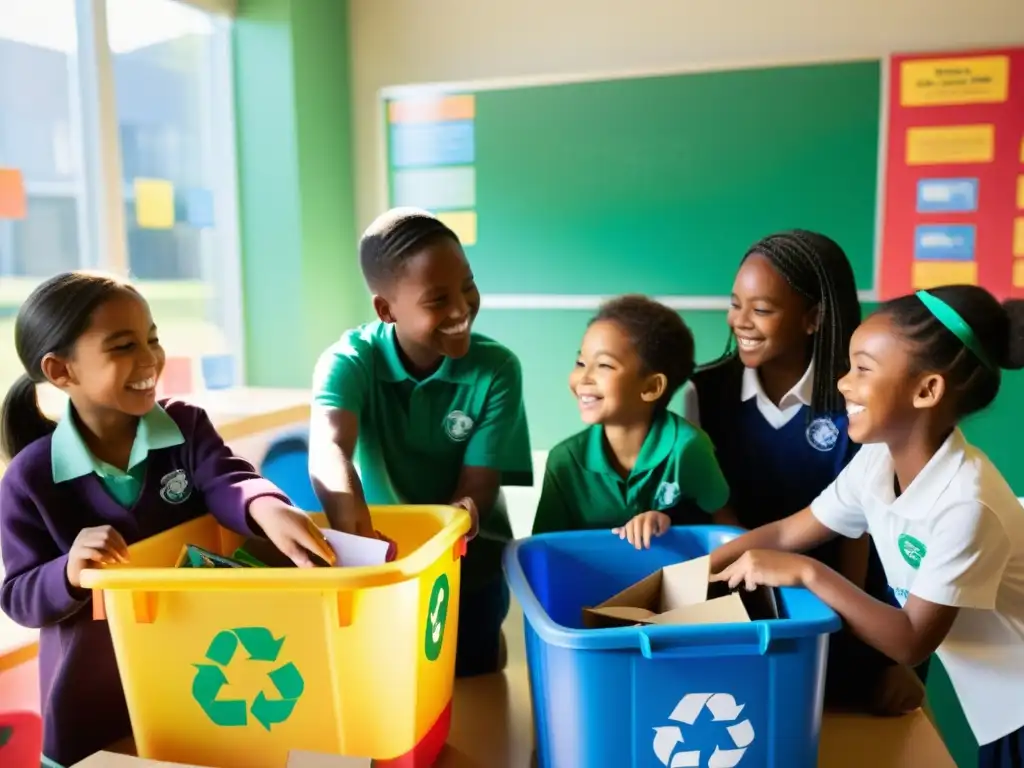 Un grupo de niños escolares sonrientes trabajan juntos en un taller de enseñanza del reciclaje, rodeados de colores y entusiasmo