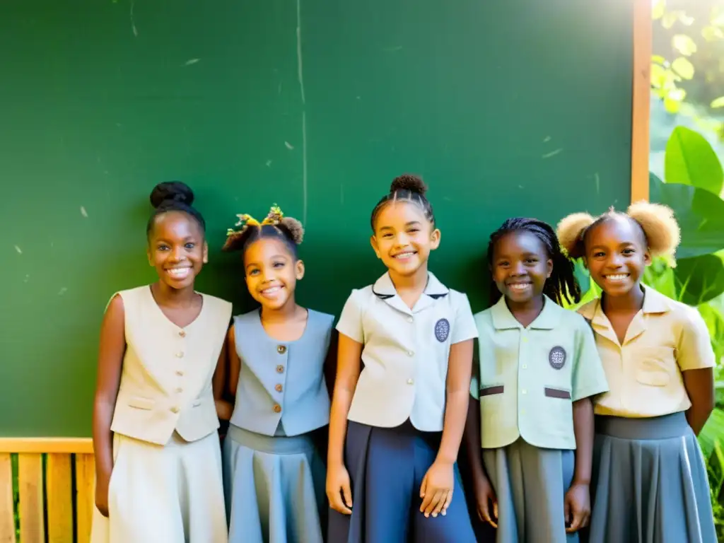 Grupo de niños escolares sonrientes con moda sostenible en proyectos escolares, frente a exuberante vegetación, transmitiendo creatividad y comunidad