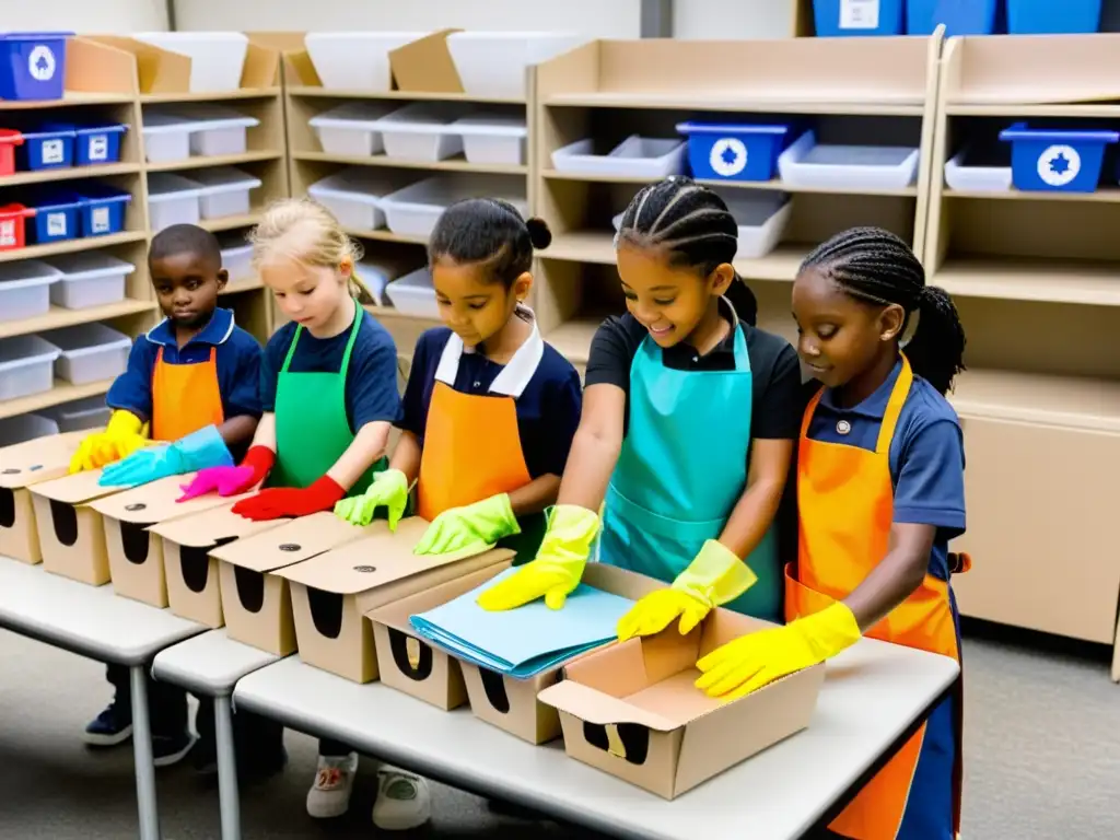 Grupo de niños en experimento escolar de reciclaje, ordenando materiales con interés y concentración en aula con luz cálida