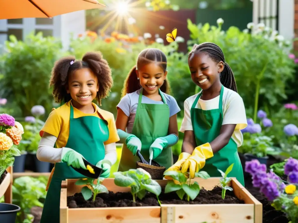 Grupo de niños felices plantando en un huerto urbano, rodeados de naturaleza