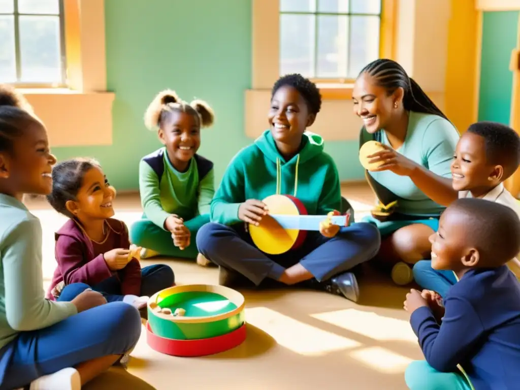 Un grupo de niños felices fabricando instrumentos reciclados en un aula llena de luz y color