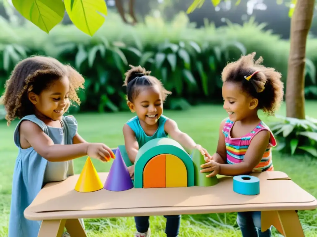 Grupo de niños felices jugando con juguetes reciclados en la naturaleza, promoviendo juegos reciclados para niños de forma lúdica y sostenible