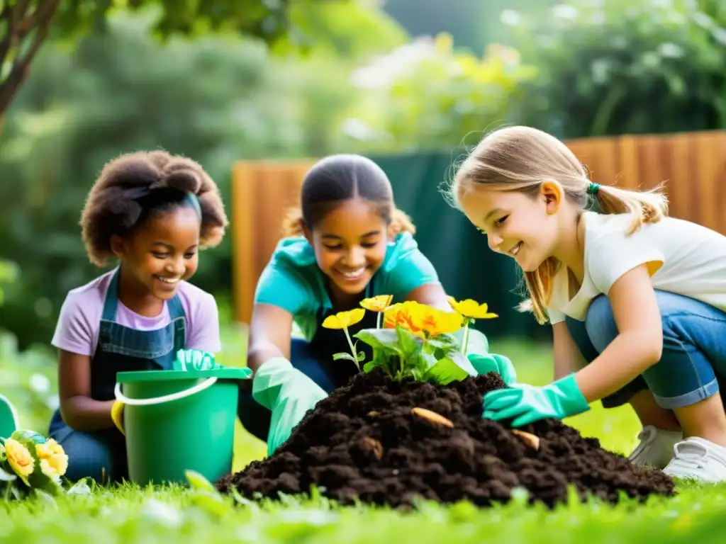 Un grupo de niños felices trabajando juntos para crear una pila de compost en un jardín soleado, supervisados por un adulto