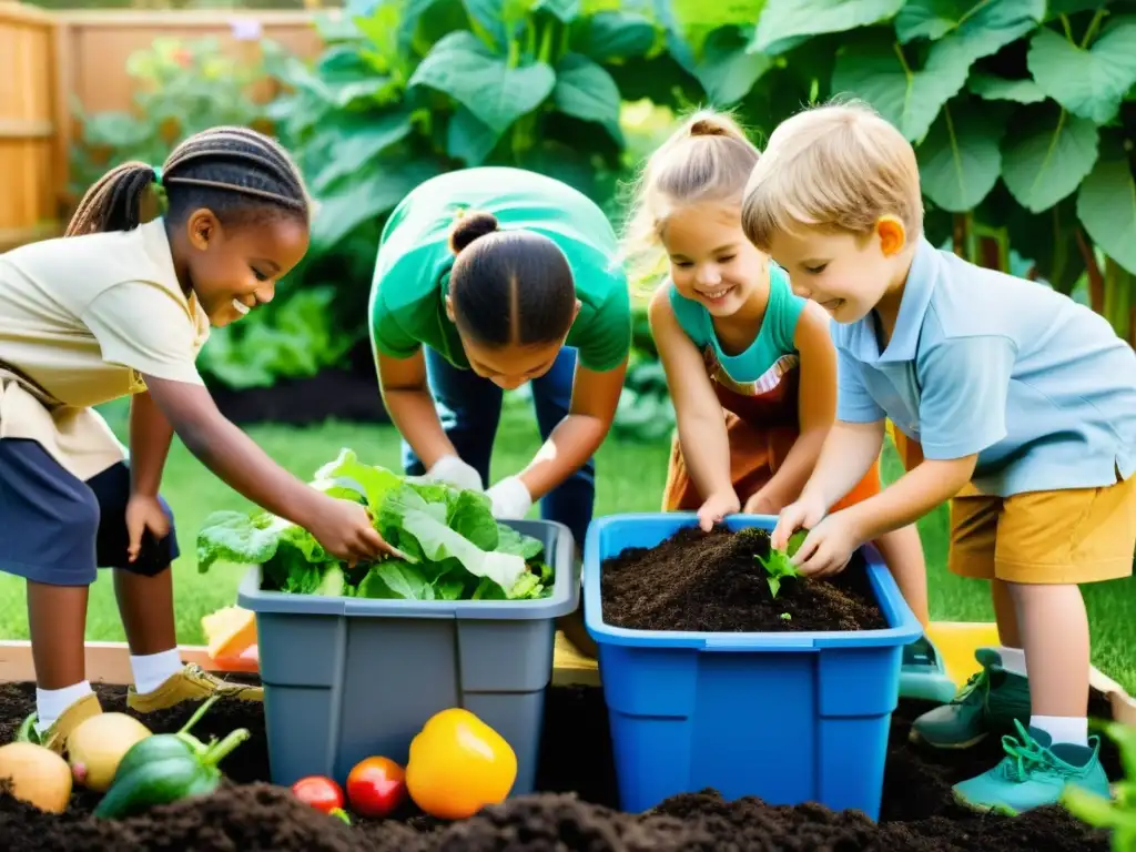 Grupo de niños felices trabajando juntos en un jardín, rodeados de frutas, verduras y materiales de compostaje