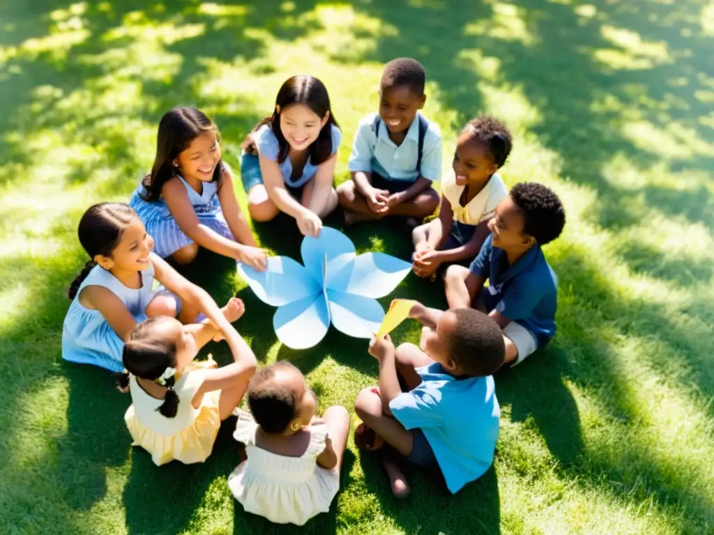 Grupo de niños felices sosteniendo mariposas de papel en un campo verde, creando una atmósfera de asombro y alegría