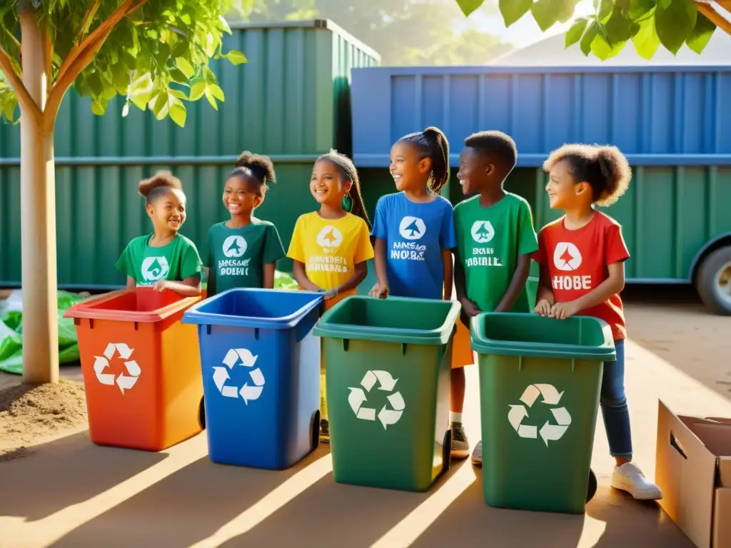 Grupo de niños felices clasificando materiales reciclables en centro de reciclaje, rodeados de naturaleza, con camisetas con mensajes ambientales