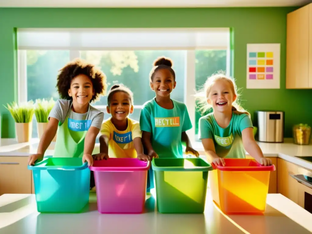 Grupo de niños felices clasificando materiales reciclables en casa