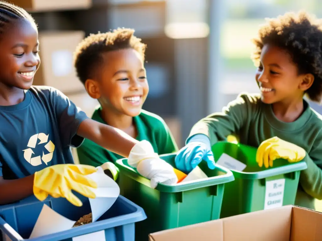 Un grupo de niños diversos felices clasificando materiales reciclables en un centro de reciclaje