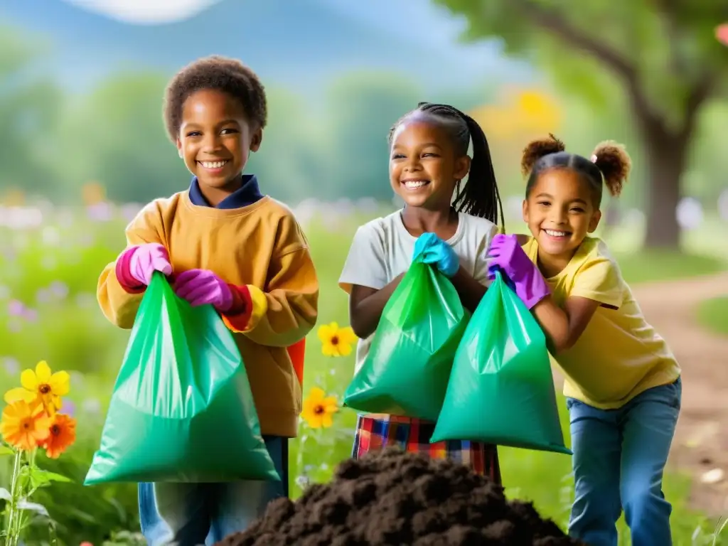 Un grupo de niños usando guantes brillantes, recogiendo basura en un parque