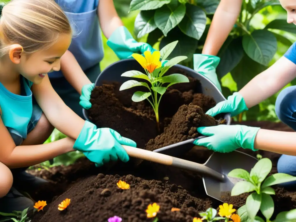 Grupo de niños con guantes y palas, creando un compostaje en jardinería rodeados de plantas y flores