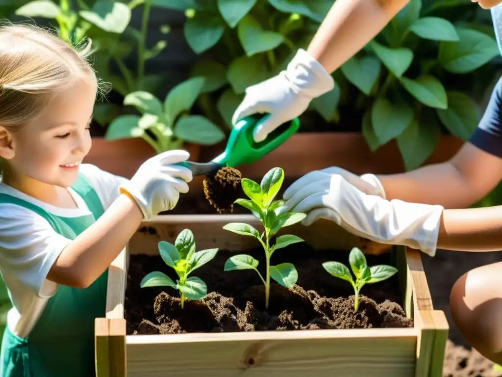 Un grupo de niños con herramientas de jardinería sostenible para niños cuidando de plantas en un huerto, bajo la luz del sol