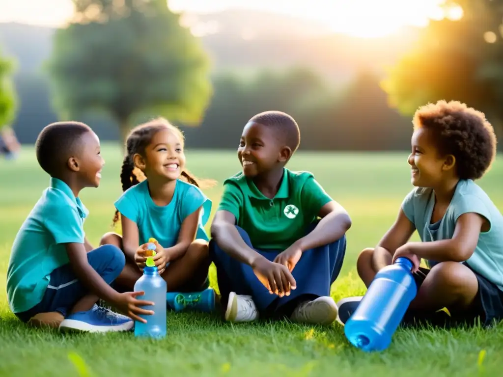 Grupo de niños aprendiendo sobre la importancia de reducir, reusar y reciclar en un ambiente natural al atardecer