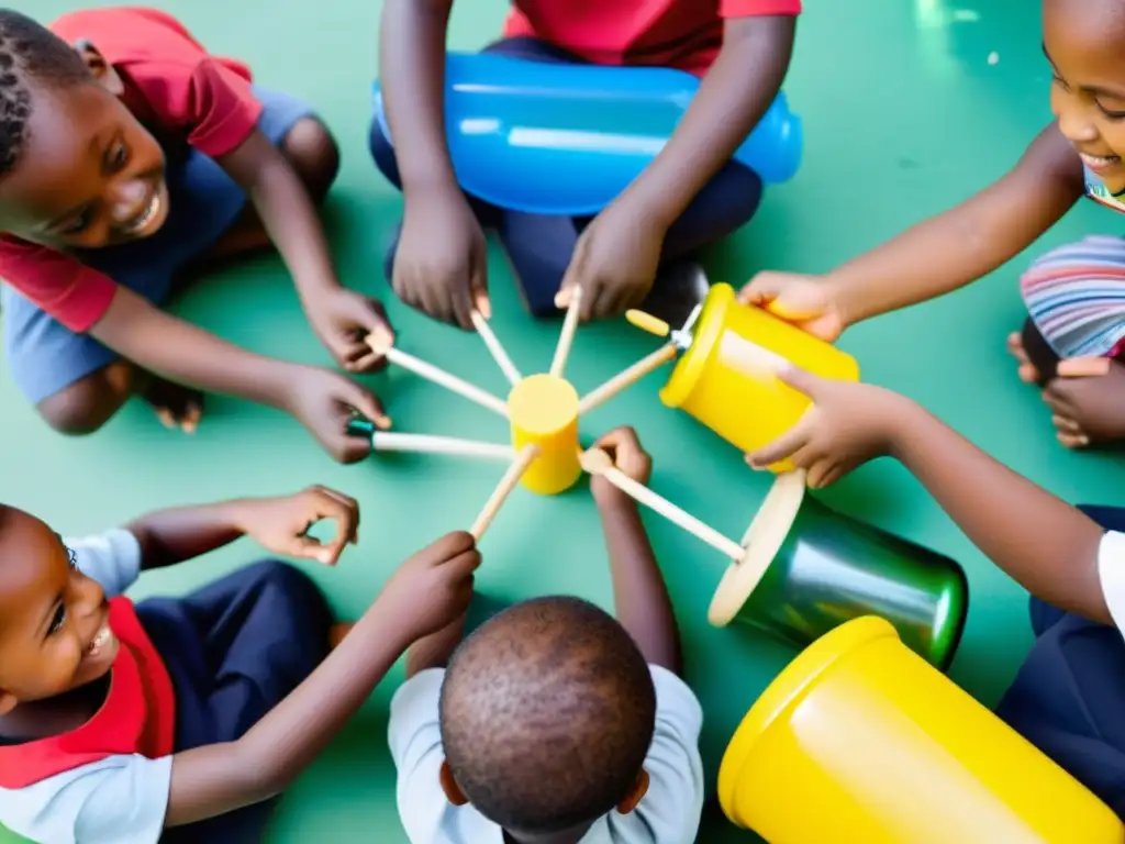 Un grupo de niños crea instrumentos musicales reciclados, sumergidos en la alegría y la creatividad de la música