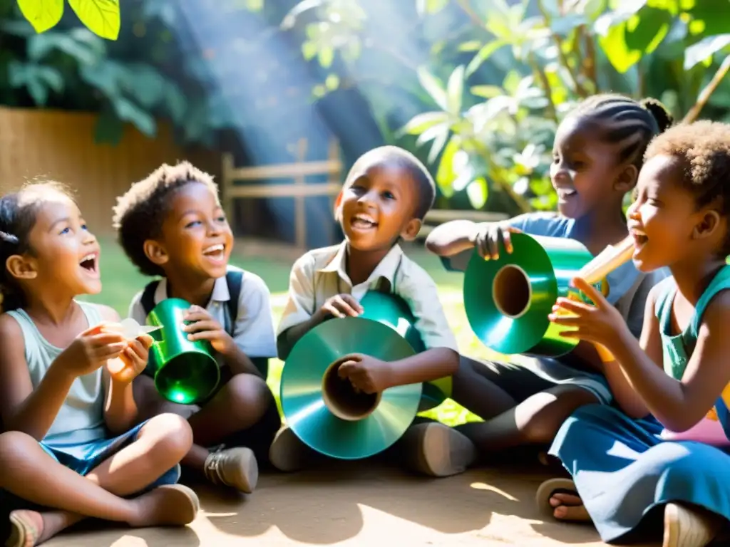 Un grupo de niños crea instrumentos musicales reciclados, disfrutando juntos al aire libre bajo la luz del sol entre los árboles