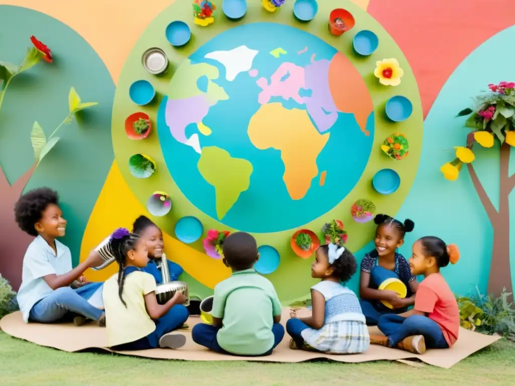 Un grupo de niños diversos tocando instrumentos musicales hechos de materiales reciclados, mientras una maestra lidera una canción sobre reciclaje