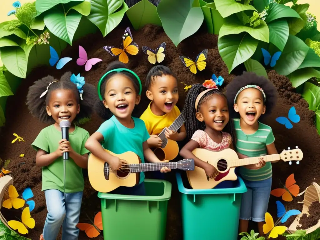 Un grupo de niños diversos cantando y tocando instrumentos rodeados de naturaleza y reciclaje en una ilustración detallada