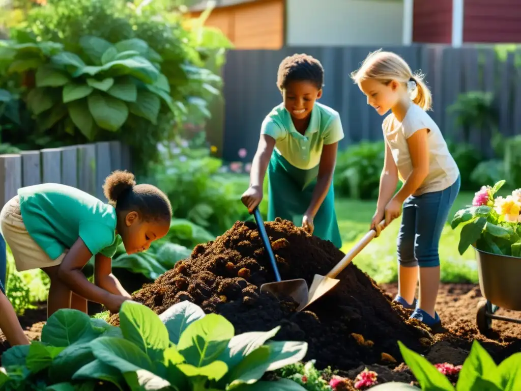 Un grupo de niños diversos cuida un jardín, practicando compostaje y sostenibilidad mientras disfrutan del sol