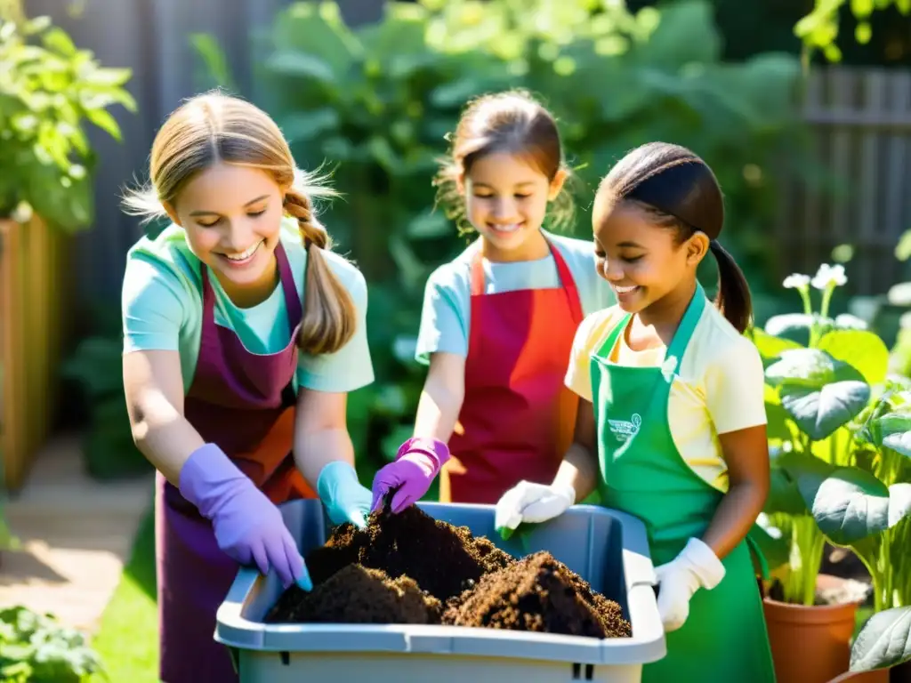 Un grupo de niños en un jardín soleado, aprendiendo sobre reciclaje mientras sonríen y participan activamente