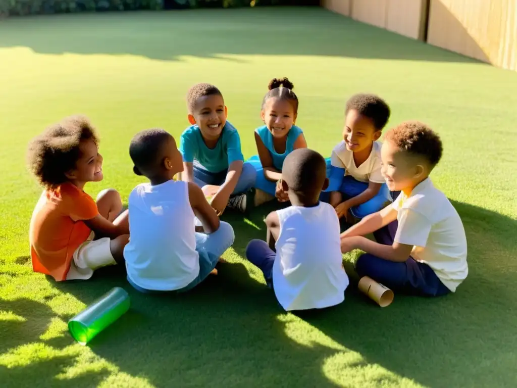 Un grupo de niños riendo y creando juegos con materiales reciclados en un campo, mostrando su creatividad