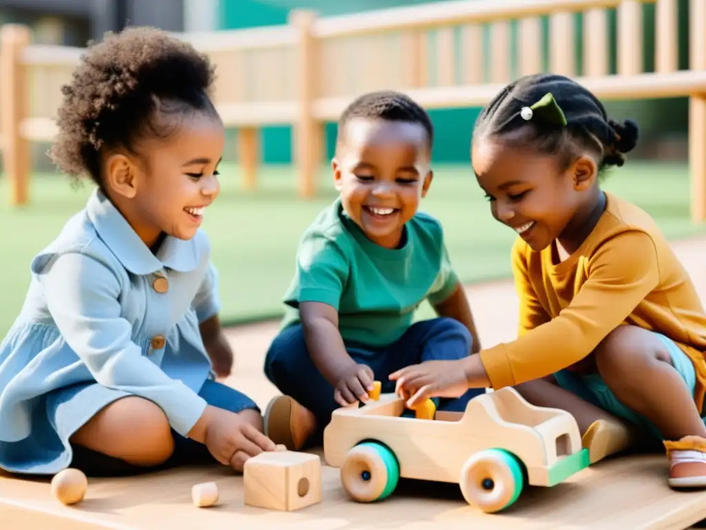 Un grupo de niños juega con juguetes sostenibles en un parque, mostrando alegría y creatividad en su juego