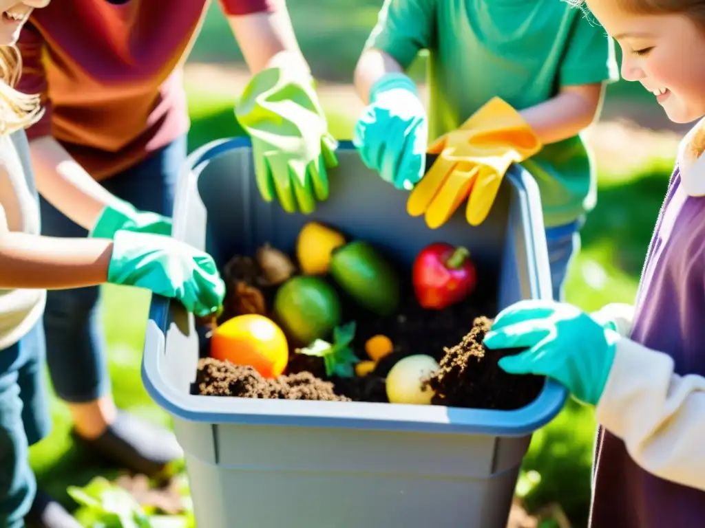 Un grupo de niños trabaja felizmente juntos compostando desechos orgánicos en un entorno natural