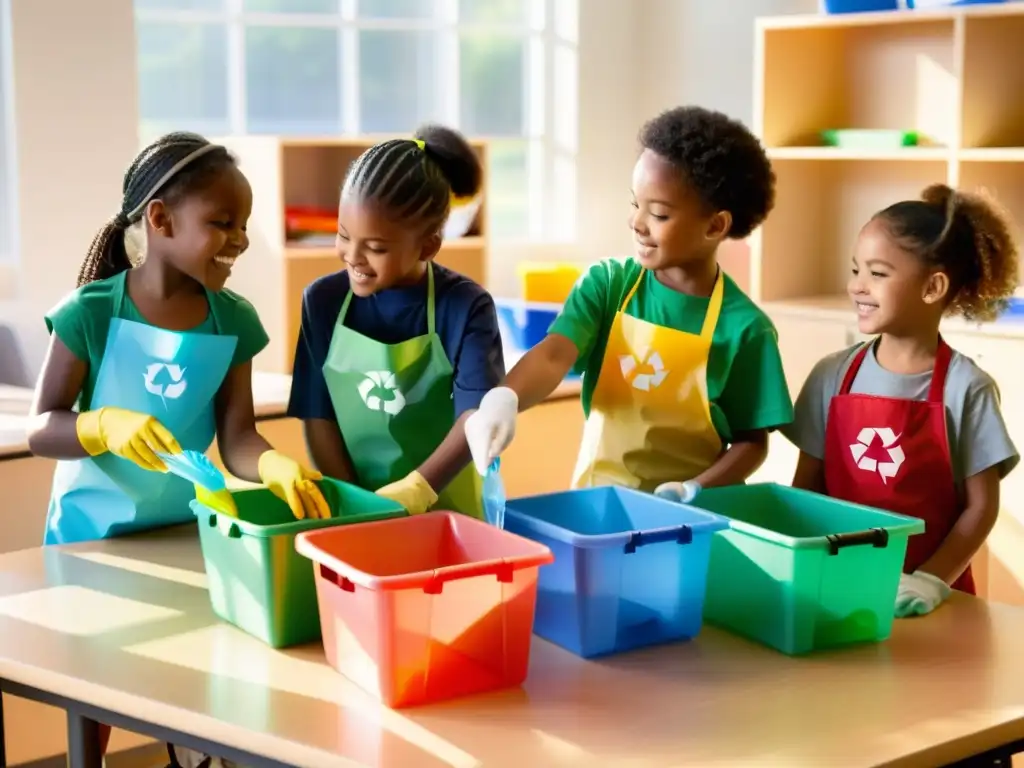 Un grupo de niños diversos trabajando juntos para reciclar materiales en un aula luminosa, fomentando la responsabilidad ambiental en niños