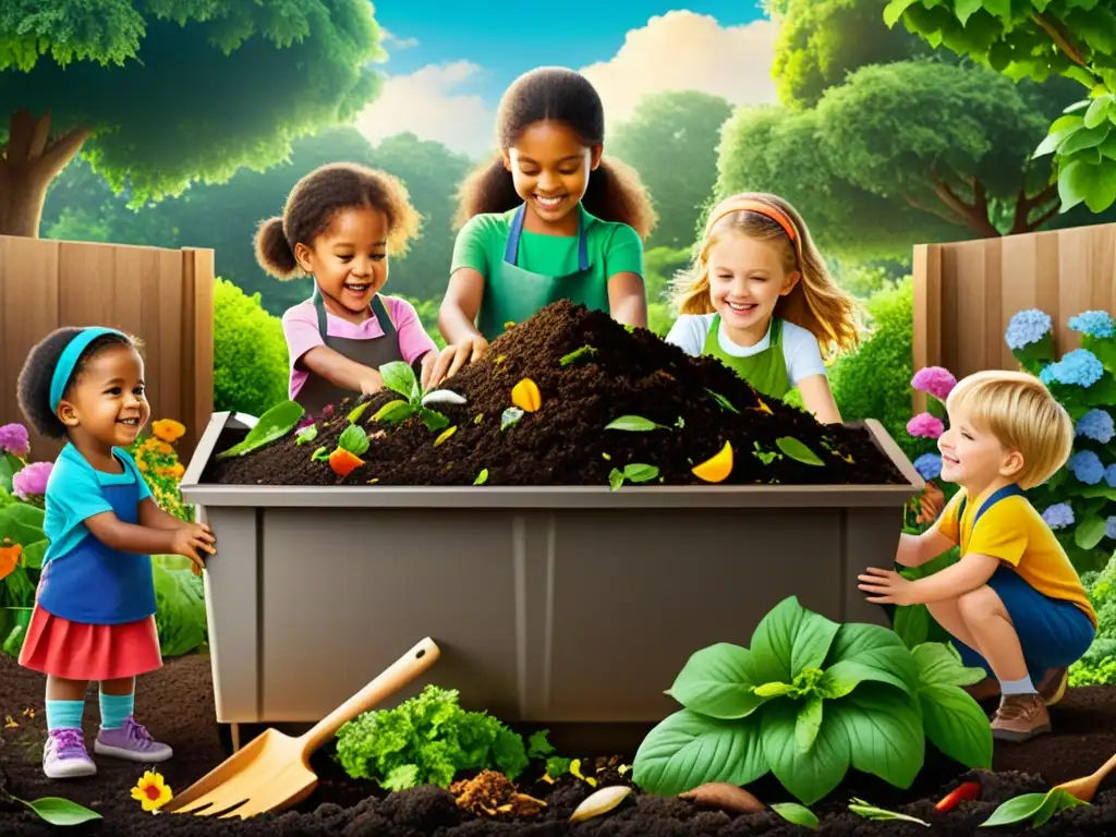 Grupo de niños trabajando juntos en recetas de compostaje para niños en un entorno natural, rodeados de vegetación vibrante y flores coloridas