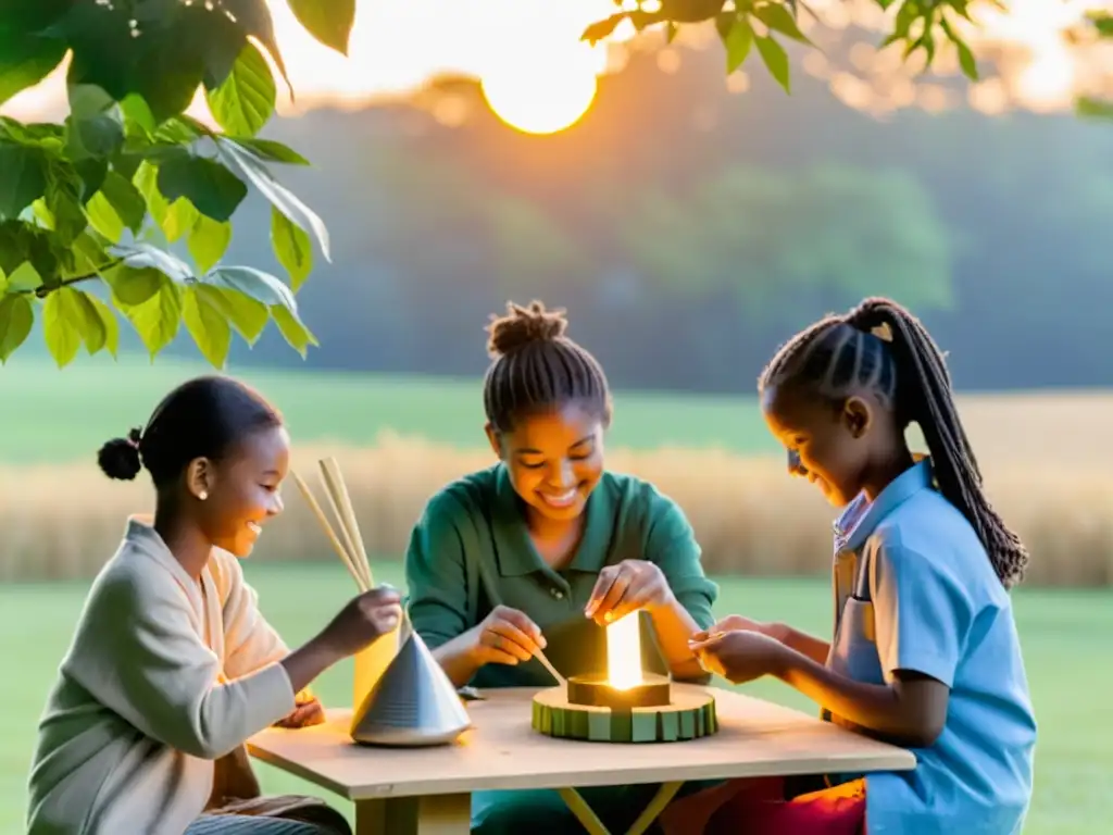 Grupo de niños disfrutando de manualidades ecológicas para niños en un campo soleado, rodeados de árboles, con el sol poniéndose al fondo